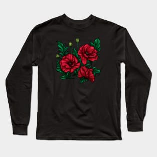 Decorative red and green poppies flowers on black Long Sleeve T-Shirt